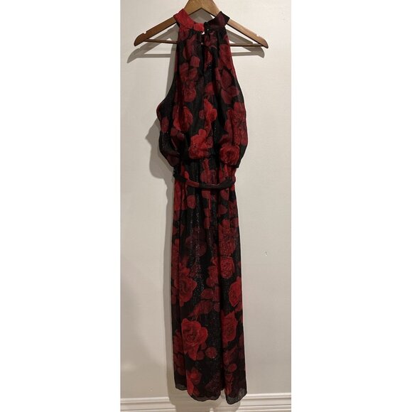 ALEXA B NITES Shimmery Rose Printed Maxi Length Halter Neck Formal Party Dress - Picture 3 of 6